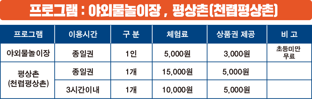 프로그램 : 야외물놀이장, 평상촌(천렵평상촌)